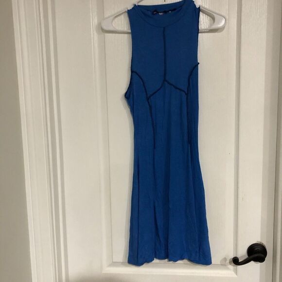 Urban Outfitters Mini Dress Uo Deja Seamed Mock Neck Cutout Back Blue Medium - Picture 4 of 8
